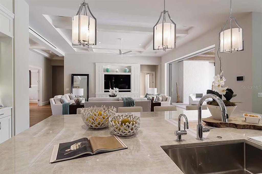 A kitchen island with a sink and bowls of fruit overlooks a bright living room — 29901 OSPREY COURT, TAVARES, FL