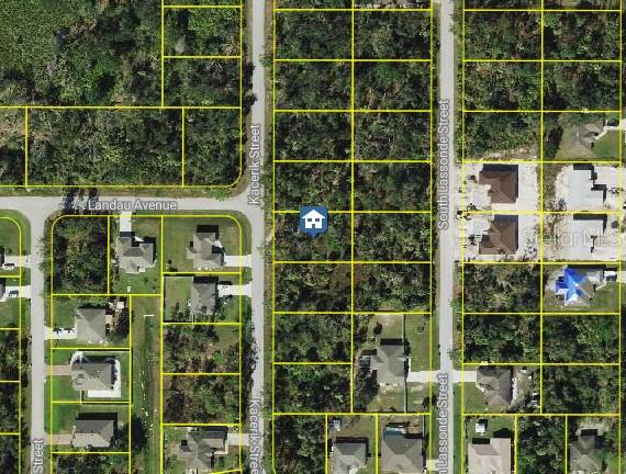 This is an aerial map showing a vacant lot marked with a house icon — KACERIK STREET, NORTH PORT, FL