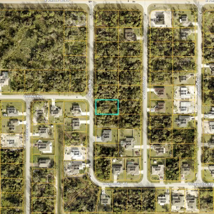 This is an aerial map showing residential lots and streets in a wooded area — KACERIK STREET, NORTH PORT, FL