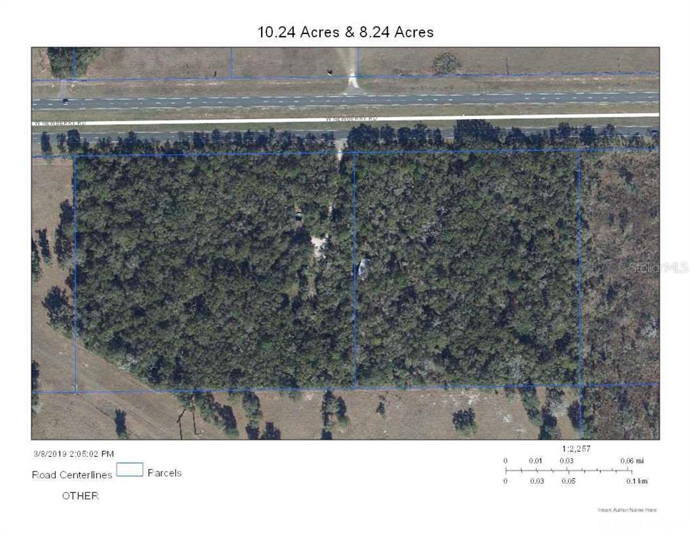 This is an aerial map showing two adjacent parcels of land bordering a road — 20785 W NEWBERRY ROAD, NEWBERRY, FL