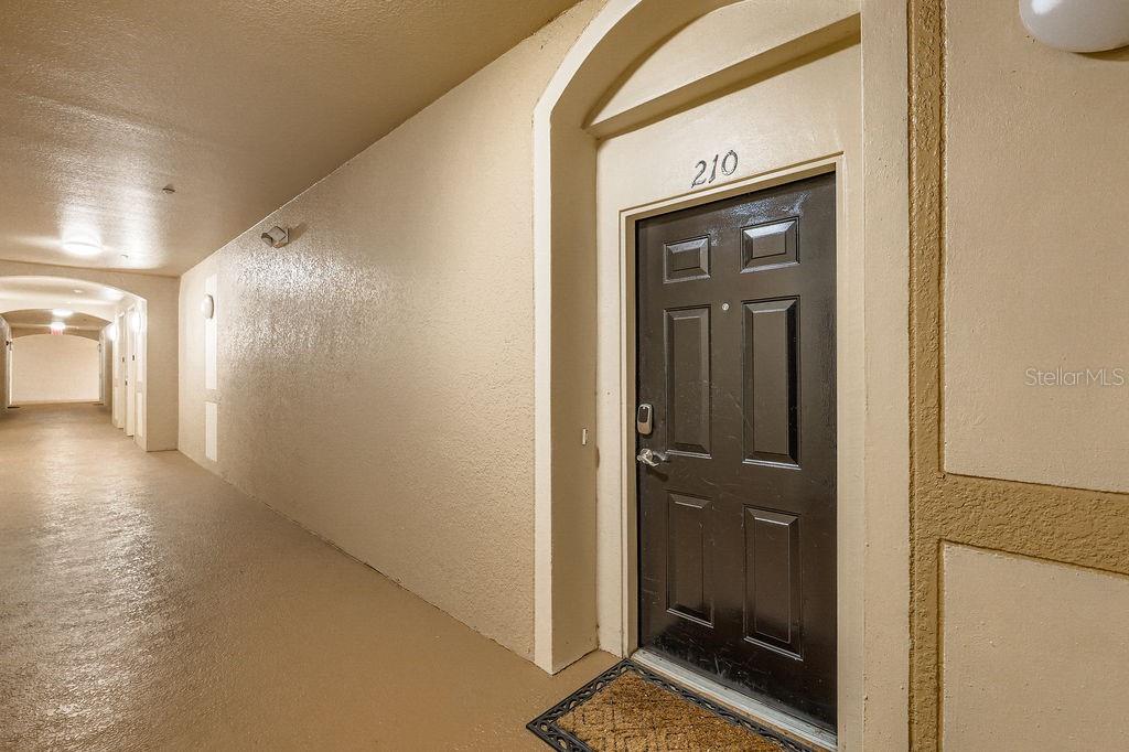 A dark brown door with the number 210 is located in a beige apartment hallway — 6434 CAVA ALTA DRIVE UNIT 210, ORLANDO, FL