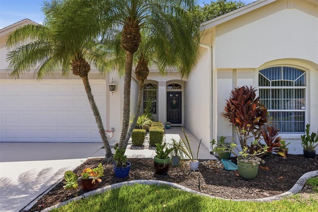 A single-story house exterior features a palm tree, a front entrance, and a landscaped garden — 5157 39TH STREET W, BRADENTON, FL