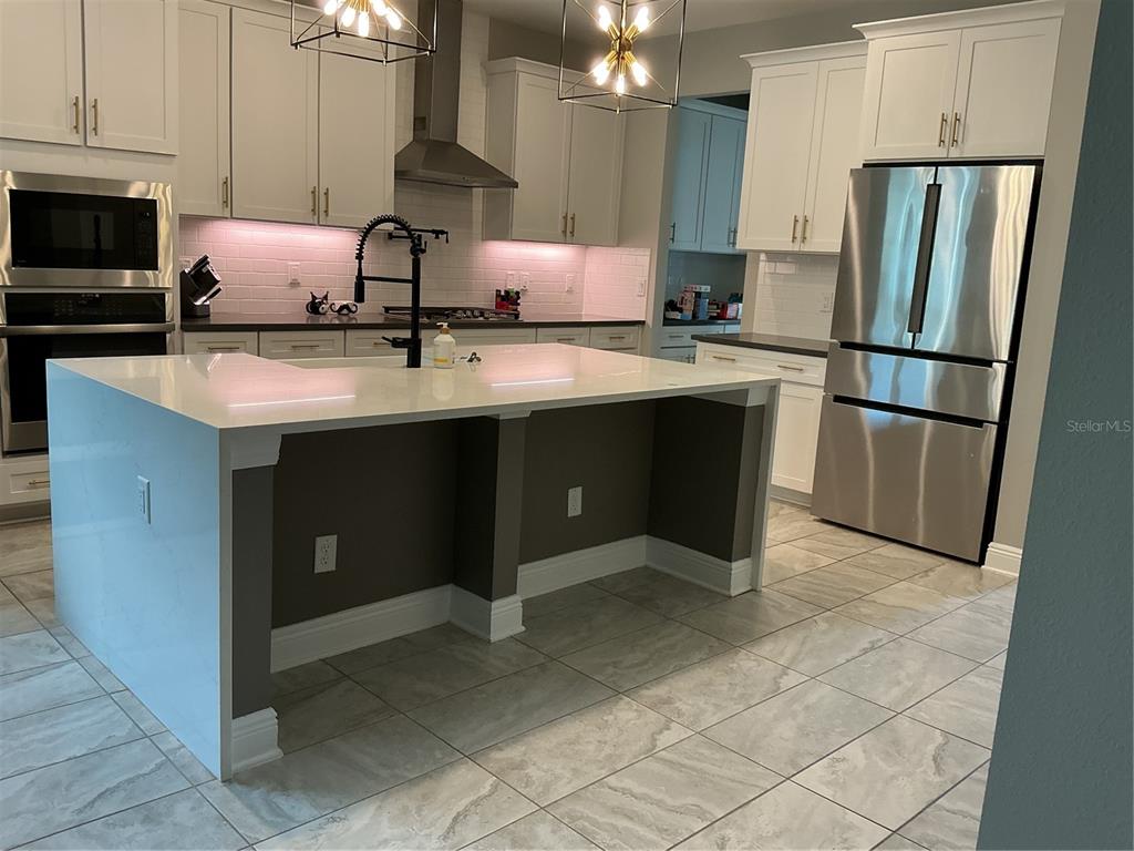 A modern kitchen features white cabinets, a large quartz island, and stainless steel appliances — 19457 REDWOOD POINT DRIVE, TAMPA, FL