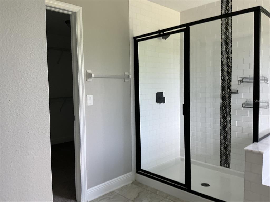 A bathroom features a walk-in shower with black framing, white subway tiles, and a closet — 19457 REDWOOD POINT DRIVE, TAMPA, FL