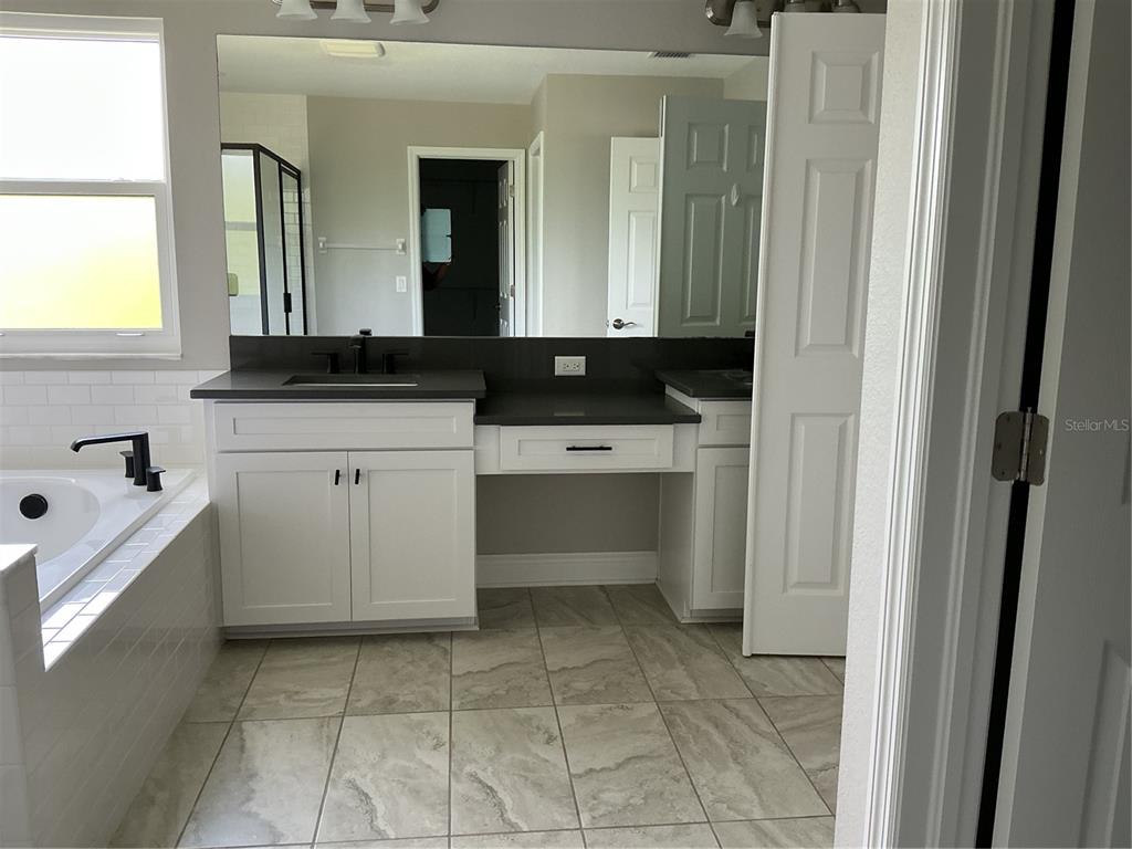 A bathroom features a white vanity with a dark countertop, a large mirror, and tile flooring — 19457 REDWOOD POINT DRIVE, TAMPA, FL