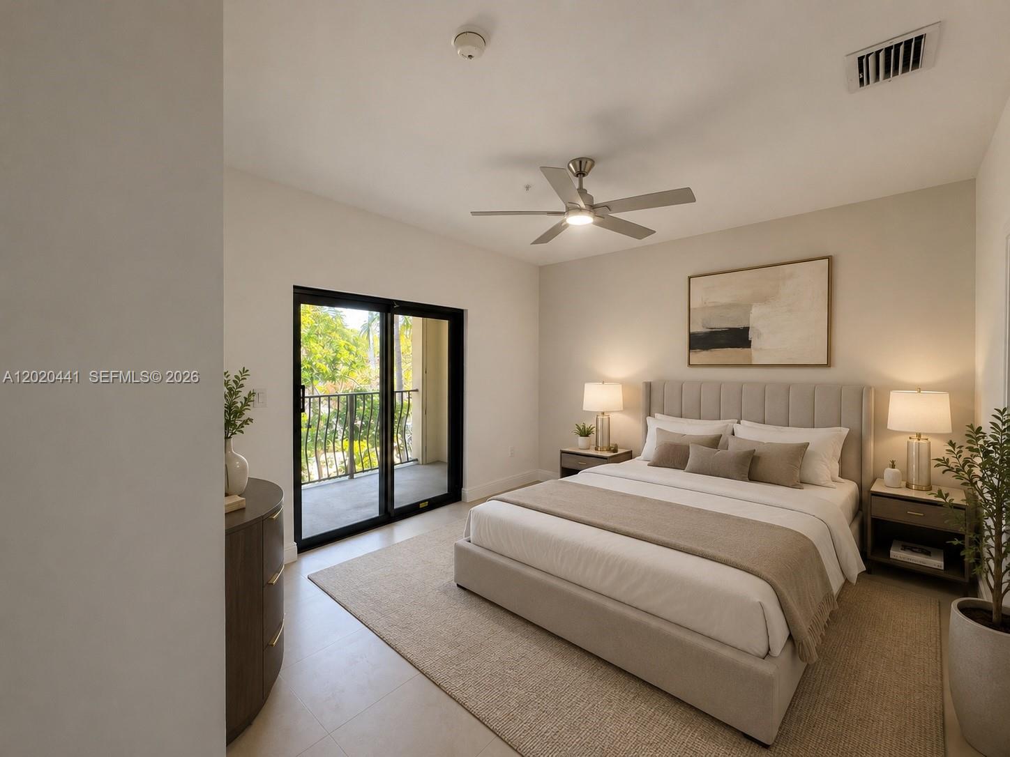 A bedroom features a bed, two nightstands, a dresser, and a sliding glass door to a balcony — 3204 Bird Ave # 104, Miami FL 33133, MIAMI, FL