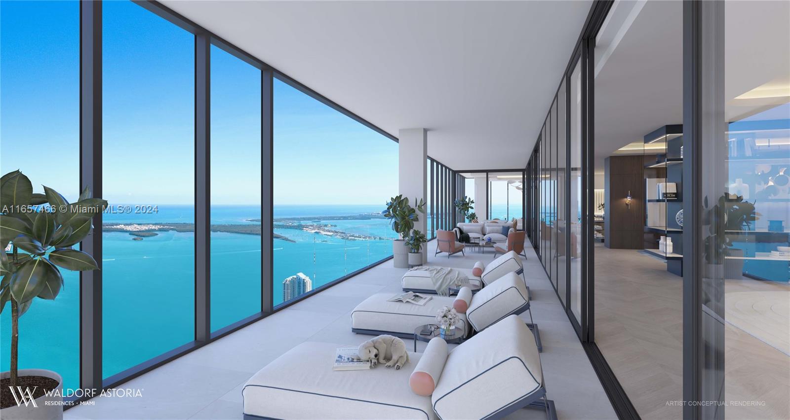 This artist conceptual rendering shows a luxury high-rise balcony with lounge chairs overlooking the ocean — 300 N Biscayne Blvd PH, Miami FL 33132, MIAMI, FL