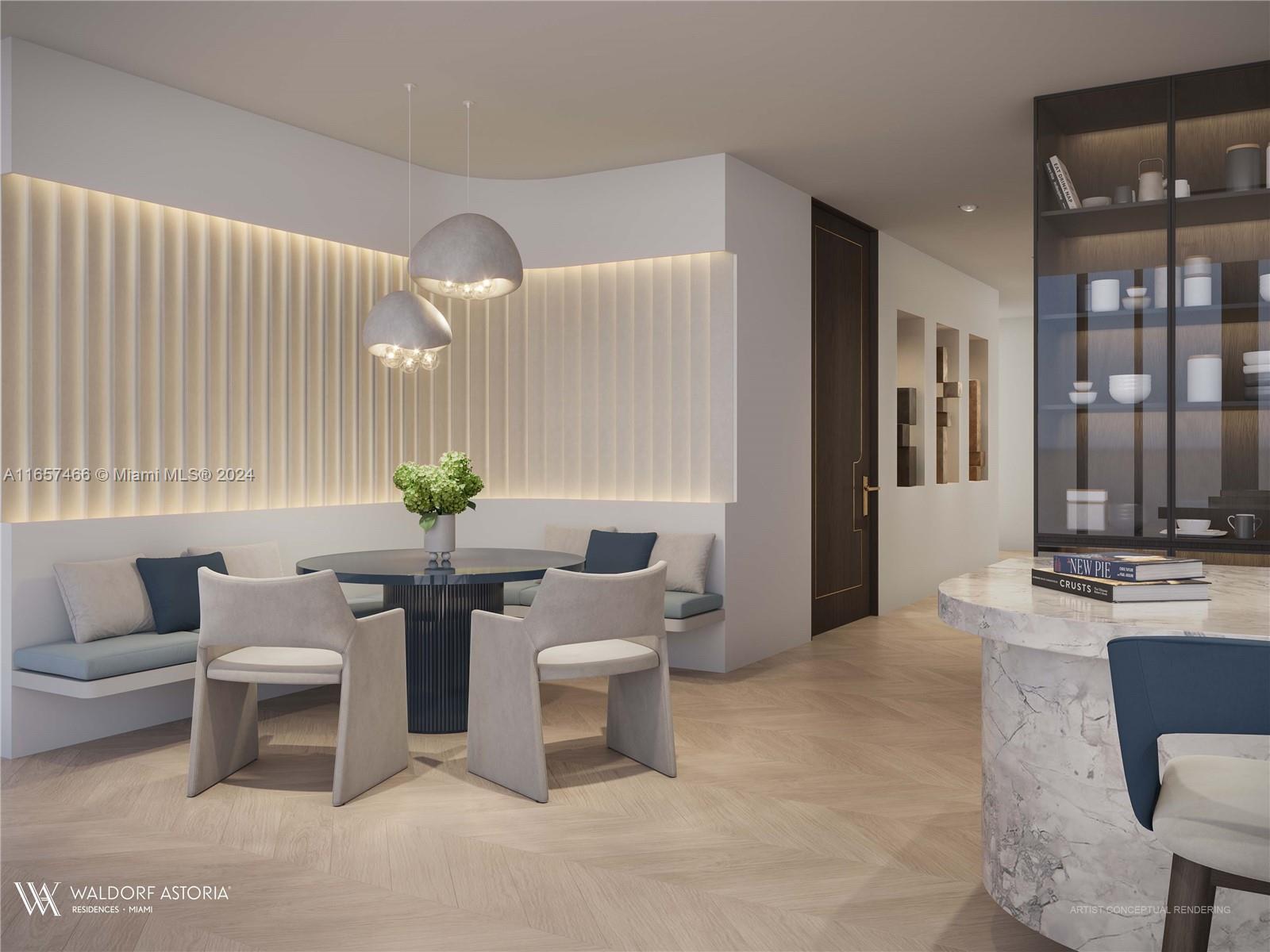 This is an artist conceptual rendering of a modern dining area with built-in bench seating — 300 N Biscayne Blvd PH, Miami FL 33132, MIAMI, FL
