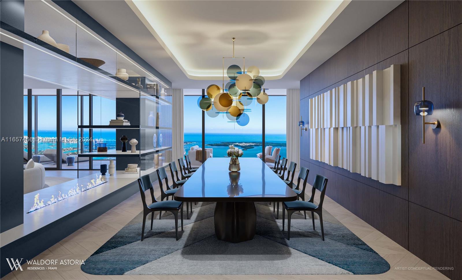 This artist conceptual rendering shows a modern dining room with a long table and ocean view — 300 N Biscayne Blvd PH, Miami FL 33132, MIAMI, FL