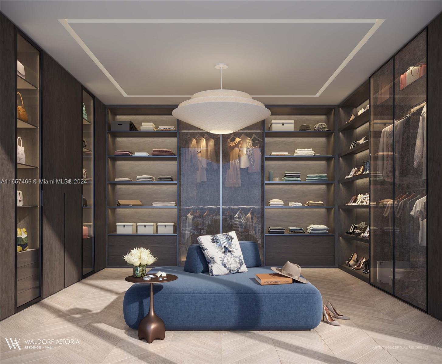 This is a rendering of a modern walk-in closet with dark wood cabinetry and blue seating — 300 N Biscayne Blvd PH, Miami FL 33132, MIAMI, FL