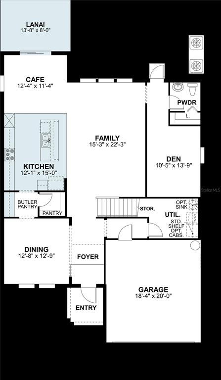 This is a floor plan of a home's main level featuring a kitchen, family room, and garage — 105 NORTHBANK LANE, SPRING HILL, FL