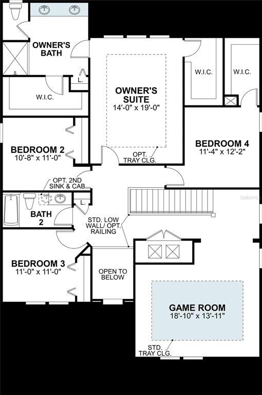 This is a floor plan of a residential second story featuring four bedrooms and a game room — 105 NORTHBANK LANE, SPRING HILL, FL