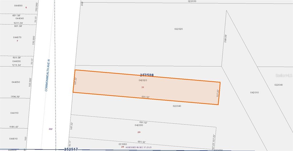 This is a property tax map showing parcel boundaries and dimensions for a specific lot — COMMONWEALTH AVENUE N, POLK CITY, FL