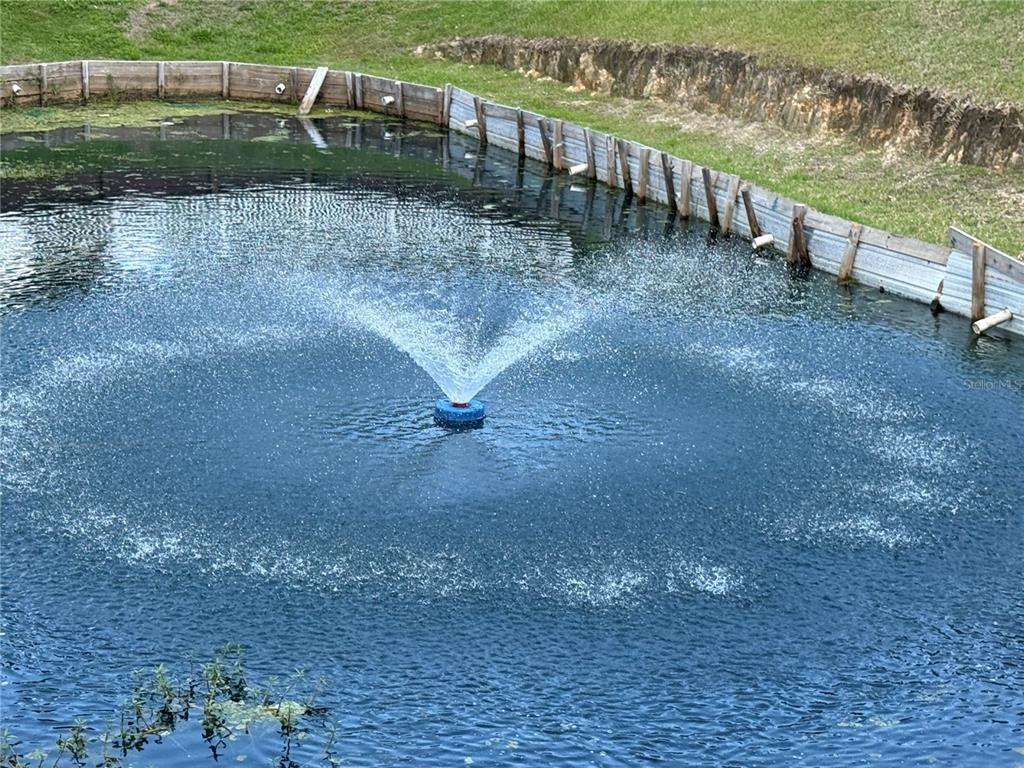 A small pond features a central water fountain and a corrugated metal retaining wall — 5905 MAGNOLIA LANE, LAKELAND, FL