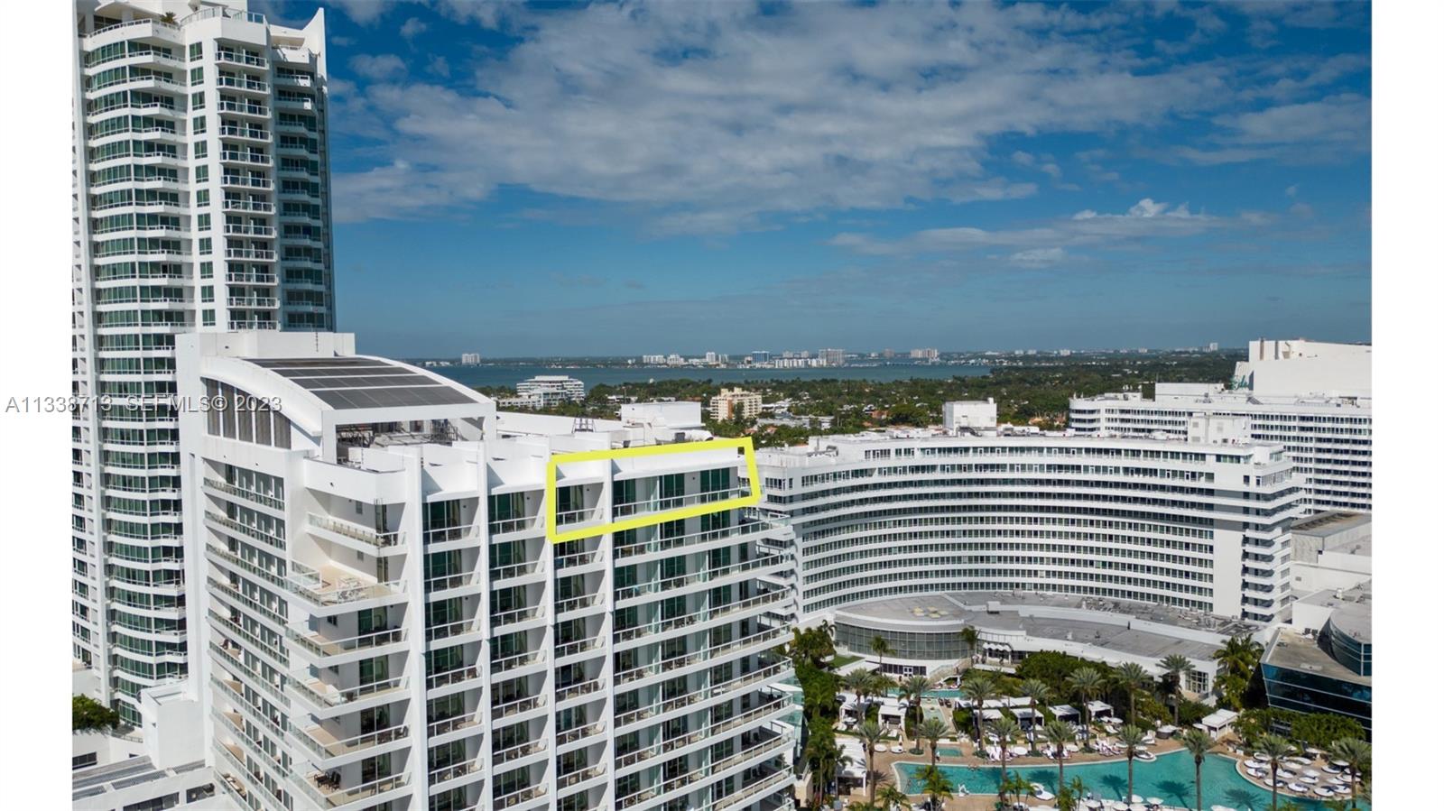 An aerial view shows a high-rise building with a yellow box highlighting a top-floor balcony — 4391 Collins Ave, Miami Beach FL 33140, MIAMI BEACH, FL