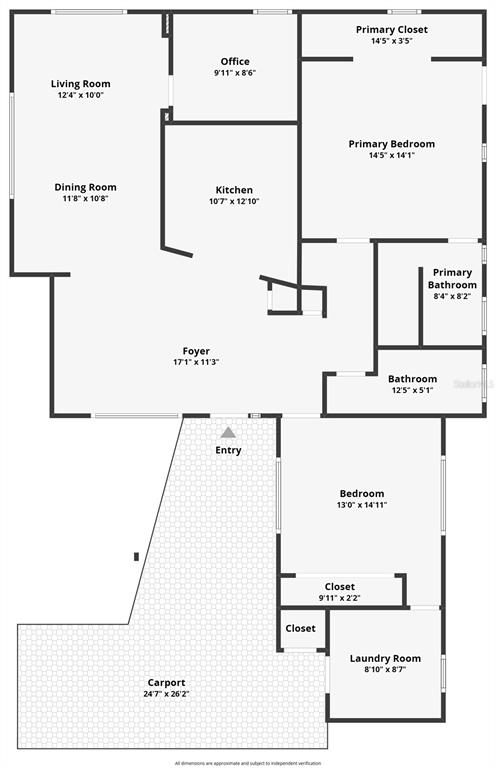 This floor plan shows a residential layout featuring a carport, foyer, kitchen, and three bedrooms — 2471 RAYMONT DRIVE, CLEARWATER, FL