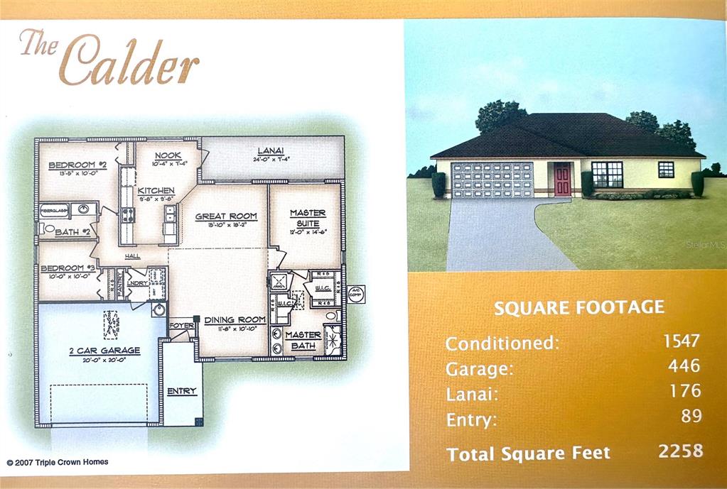 This image shows a floor plan and exterior rendering for a house model named The Calder — 1769 NE 161ST PLACE, CITRA, FL