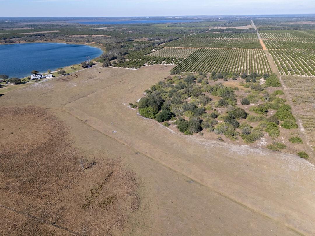 An aerial view shows a large grassy field, a cluster of trees, and adjacent citrus groves — 3073 CR 627, FL 33825, FL