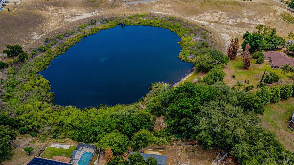 An aerial view shows a large, circular pond surrounded by trees and residential properties — 2614 CREST DRIVE, HAINES CITY, FL