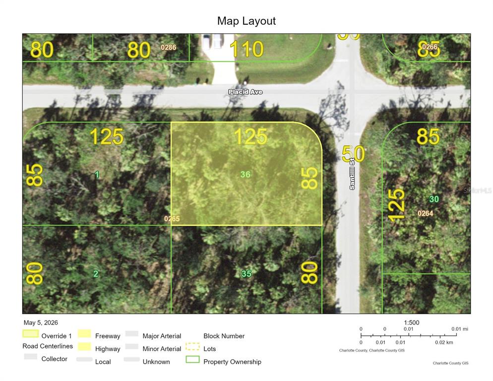 This is a map layout showing property lot dimensions and street locations — 18235 PLACID AVENUE, PORT CHARLOTTE, FL