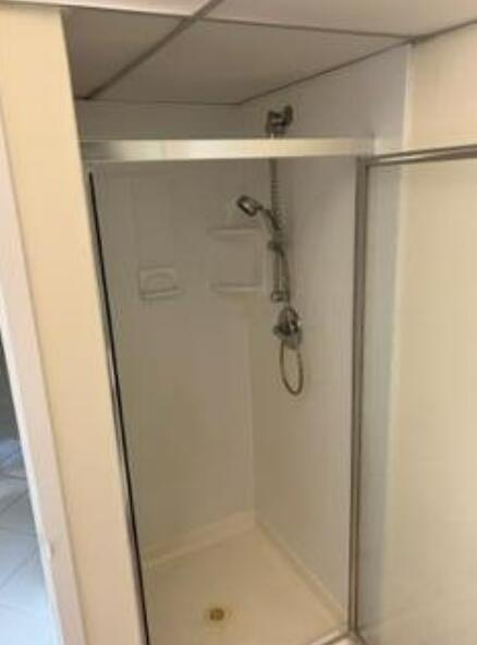 A white walk-in shower stall with a handheld showerhead and glass sliding doors — 193 Saxony E, Delray Beach FL 33446, DELRAY BEACH, FL