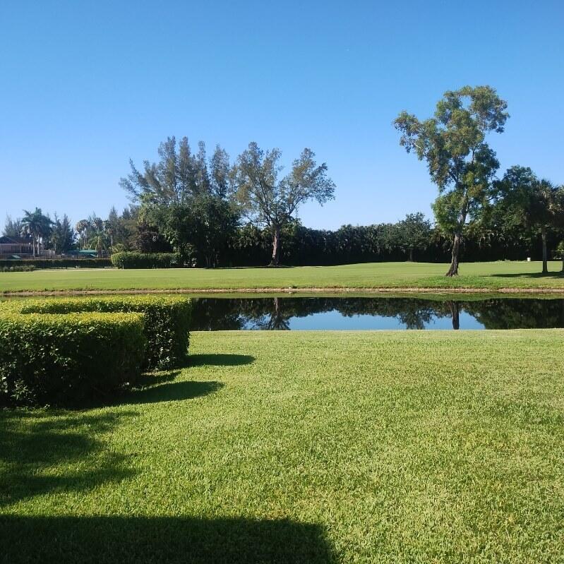 A view of a grassy lawn, a small pond, and trees under a clear blue sky — 21535 Cypress Hammock Drive # 36j, Boca Raton FL 33428, BOCA RATON, FL