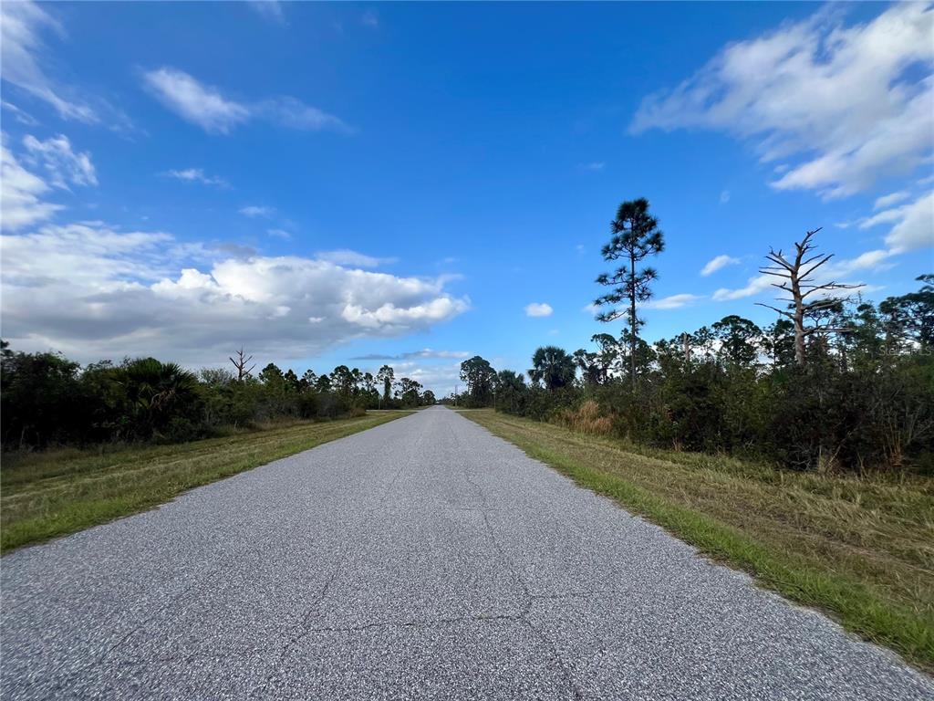 An asphalt road stretches into the distance through a rural, wooded landscape under a blue sky — 12132 CONROY AVENUE, PORT CHARLOTTE, FL