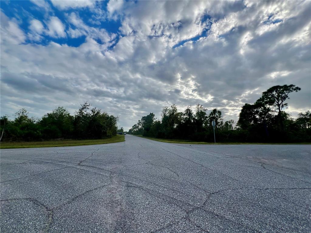 An asphalt road stretches toward the horizon under a cloudy sky, flanked by dense trees — 12132 CONROY AVENUE, PORT CHARLOTTE, FL