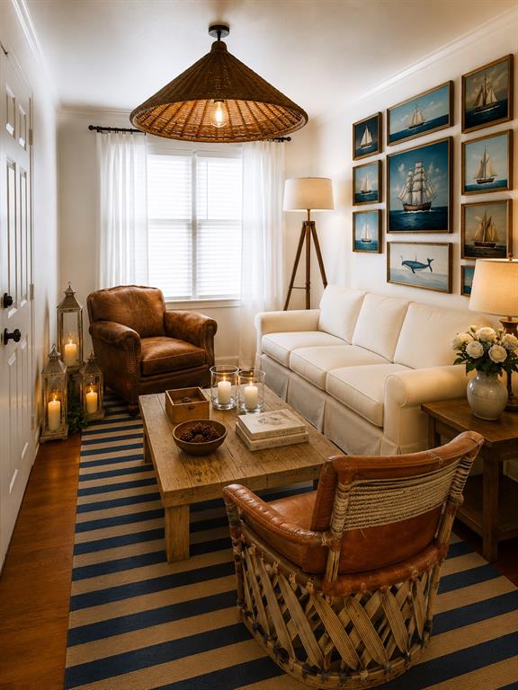 This living room features a striped rug, leather armchairs, a sofa, and nautical wall art — 4876 CONWAY ROAD UNIT 94, ORLANDO, FL