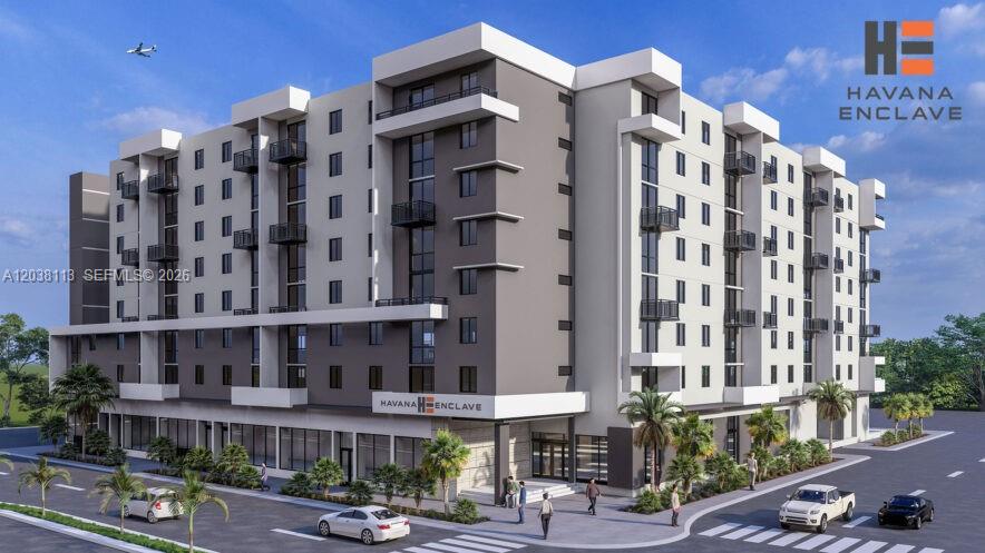 This is a digital rendering of a modern multi-story apartment building with ground-floor retail space — 315 NW 27th Ave # 303, Miami FL 33125, MIAMI, FL