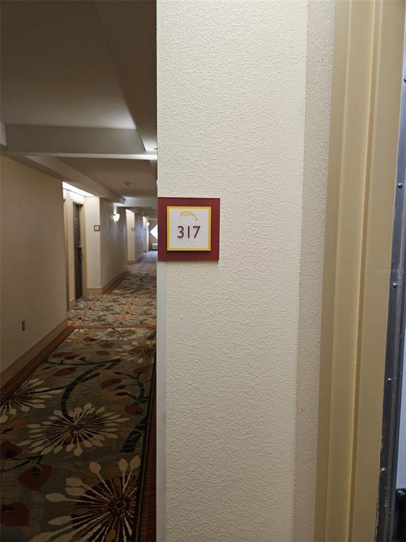 A hotel hallway features a patterned carpet and a room number sign for 317 — 3000 MAINGATE LANE UNIT 530, KISSIMMEE, FL