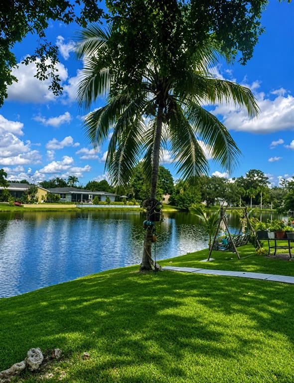 A palm tree stands on a grassy lawn overlooking a lake with houses in the background — 7551 SW 42ND PLACE, DAVIE, FL