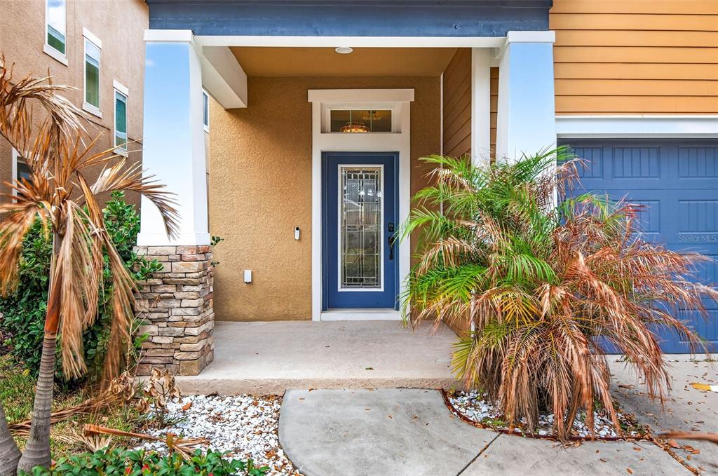 A front entryway features a blue door with a glass insert, stone accents, and palm plants — 14310 BARRINGTON STOWERS DRIVE, LITHIA, FL