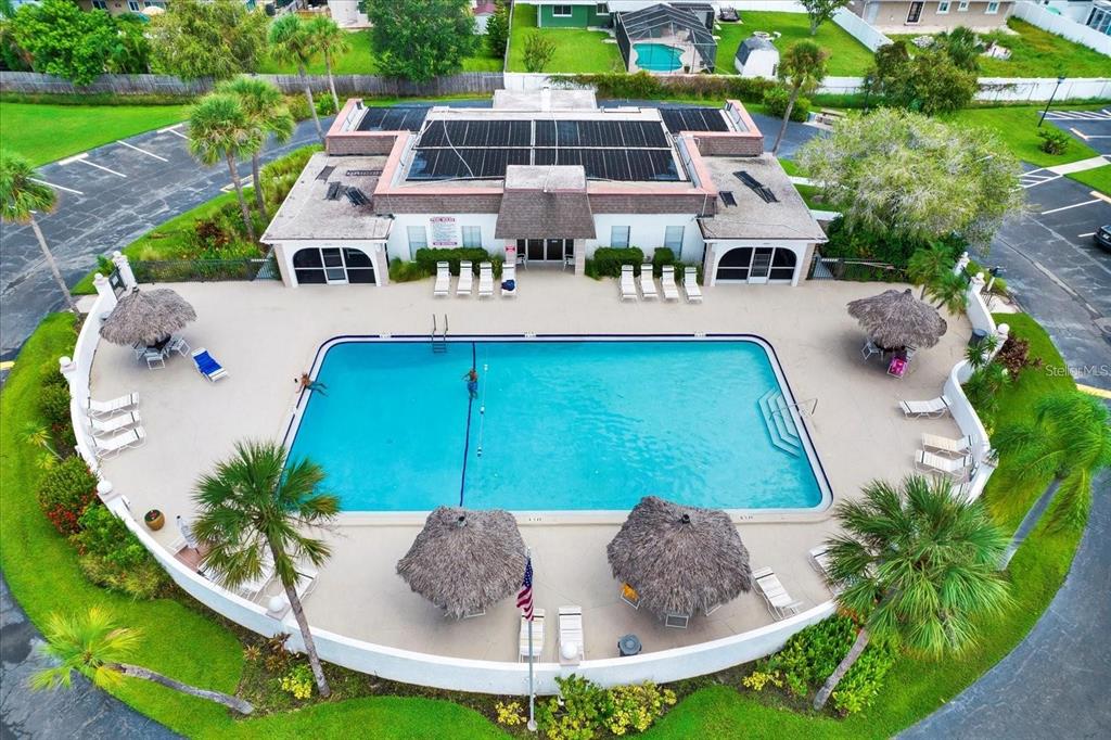 An aerial view shows a rectangular swimming pool surrounded by a patio, lounge chairs, and umbrellas — 379 S MCMULLEN BOOTH ROAD UNIT 75, CLEARWATER, FL