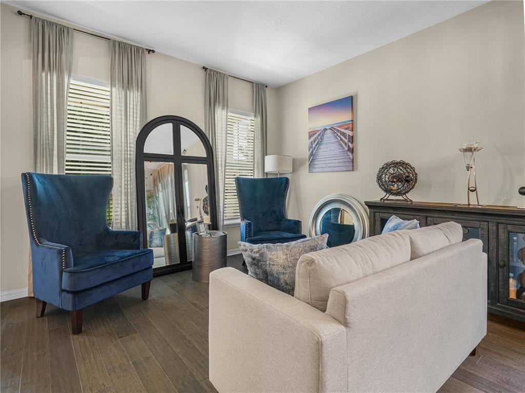A bedroom features a tufted gray bed, a tray ceiling, and a black dresser — 184 WHIRLAWAY DRIVE, DAVENPORT, FL