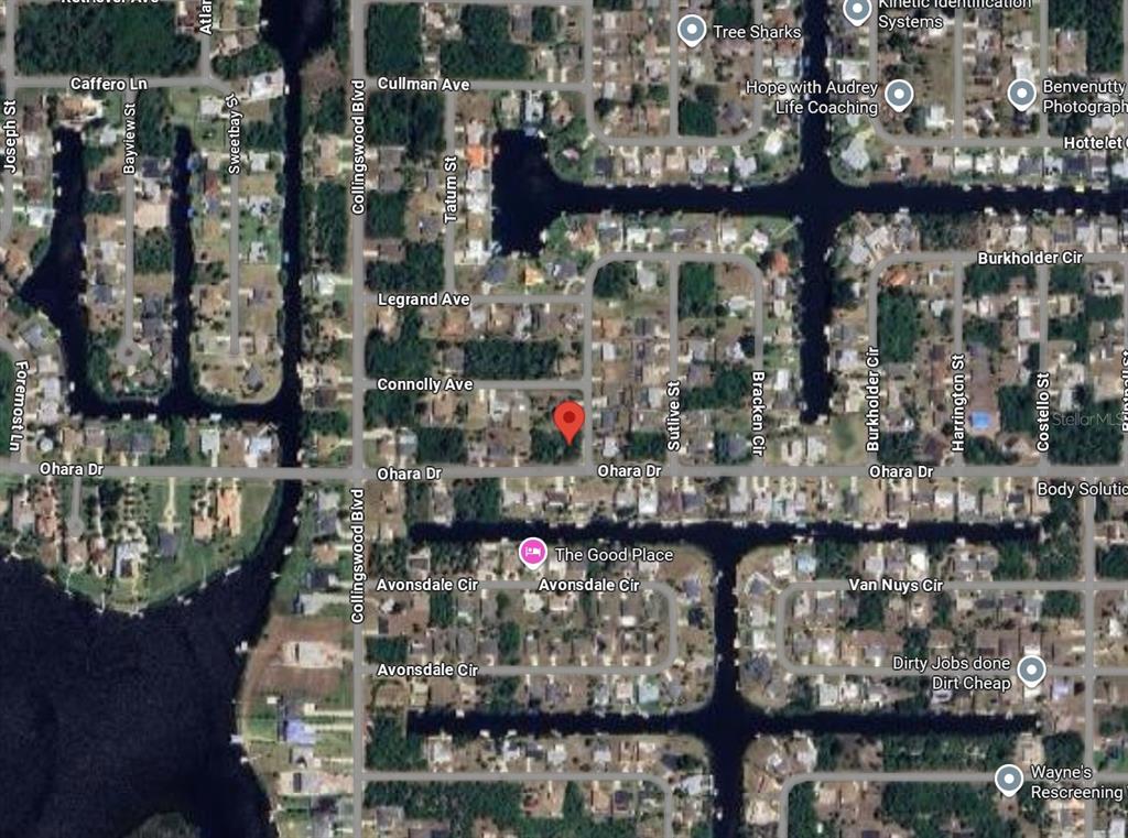 This is an aerial map view of a residential neighborhood with canals and street names — 18076 OHARA DRIVE, PORT CHARLOTTE, FL