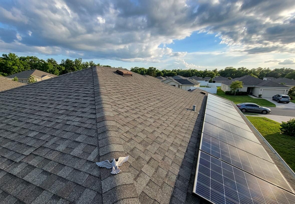 An aerial view of a single-story house with solar panels on the roof and a driveway — 8650 W Lake George Cir W, FL 32063, FL