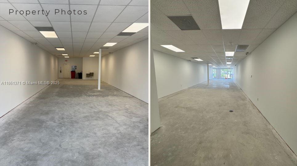 Two views of a long, empty commercial space with white walls, drop ceilings, and concrete floors — 9440 W Commercial Blvd, Sunrise FL 33351, SUNRISE, FL