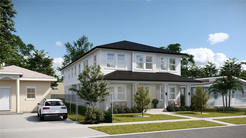 This is a rendering of a two-story white house with a front porch and lawn — 5032 20TH AVENUE N UNIT 1, ST PETERSBURG, FL