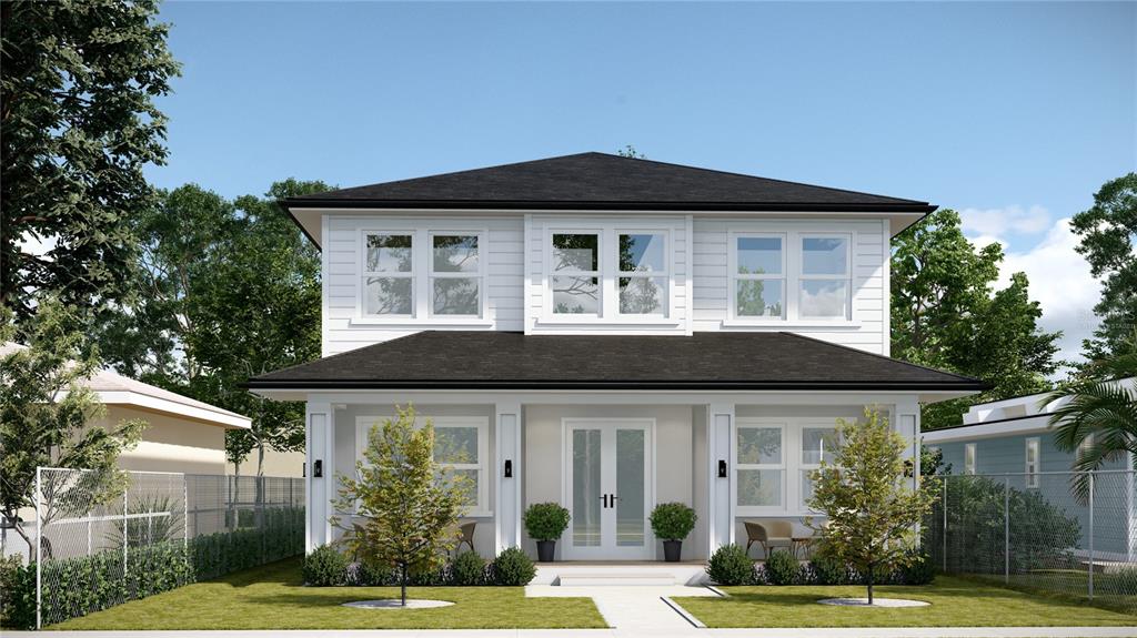 This is a rendering of a two-story white house with a dark roof and porch — 5032 20TH AVENUE N UNIT 1, ST PETERSBURG, FL