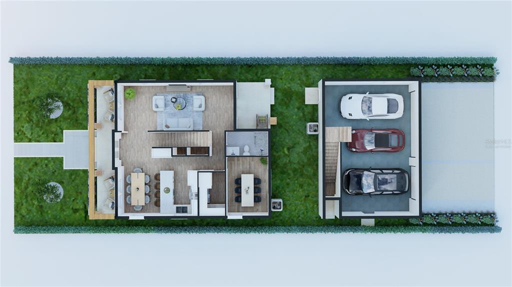 This is a 3D floor plan rendering of a modern home with an attached three-car garage — 5032 20TH AVENUE N UNIT 1, ST PETERSBURG, FL