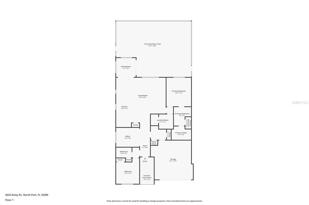This is a floor plan for a single-story residential home with a garage and pool — 2633 DAISY DRIVE, NORTH PORT, FL