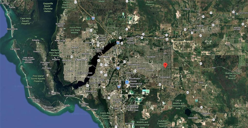 This is a satellite map showing the Fort Myers and Cape Coral area in Florida — 138 BREMEN AVENUE S, LEHIGH ACRES, FL