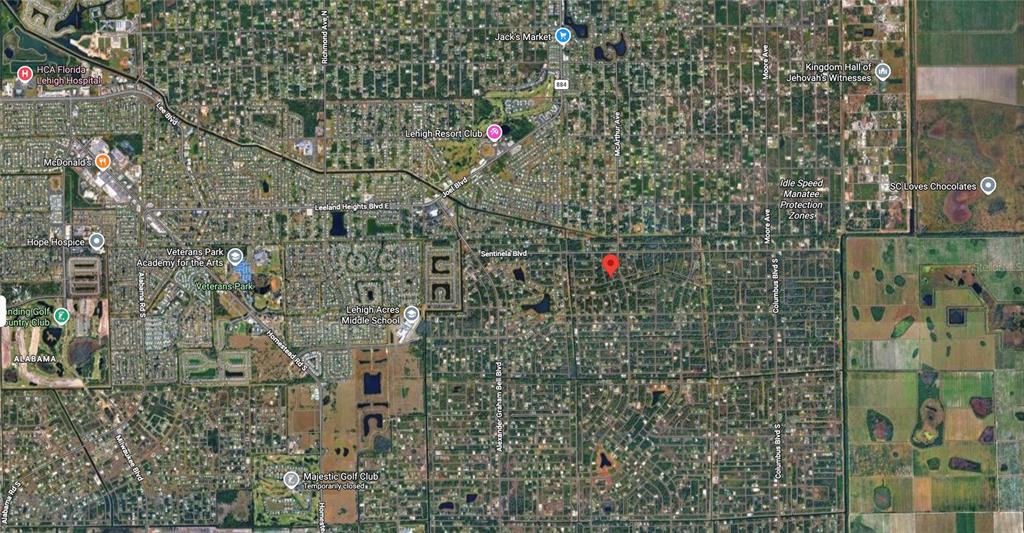 This is an aerial map view of a residential neighborhood in Lehigh Acres, Florida — 138 BREMEN AVENUE S, LEHIGH ACRES, FL