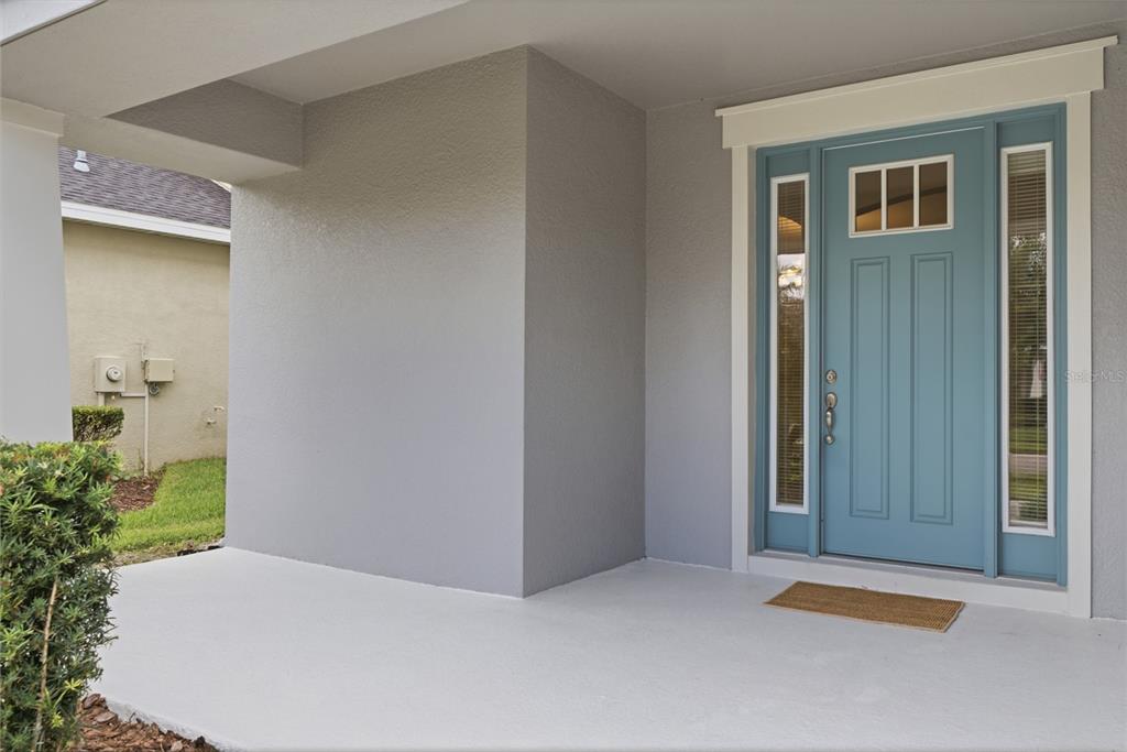 A covered front porch features a light blue front door with sidelights and gray walls — 9167 BELLA VITA CIRCLE, LAND O LAKES, FL