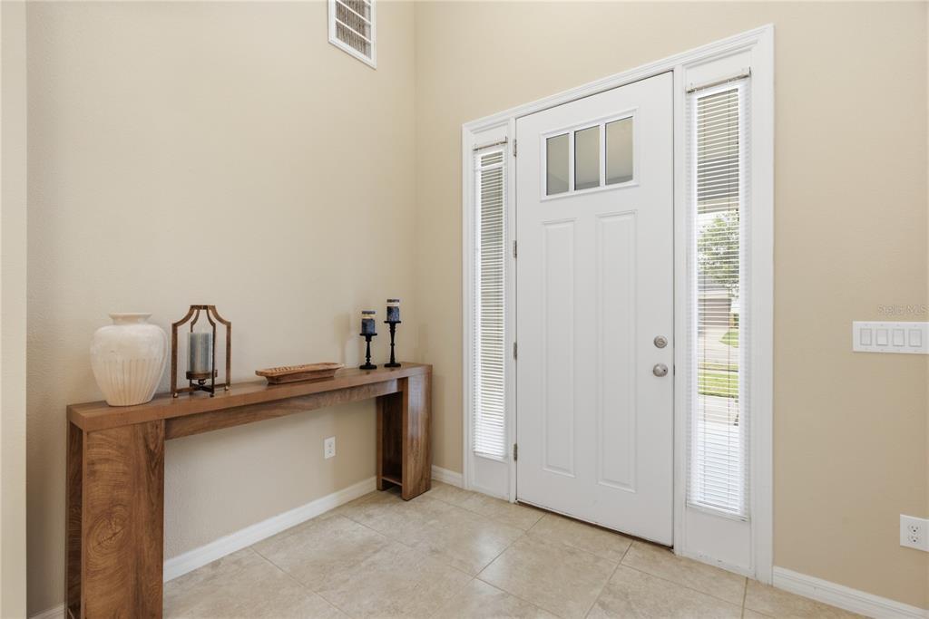 A foyer features a wood console table, a white front door with sidelights, and tile flooring — 9167 BELLA VITA CIRCLE, LAND O LAKES, FL