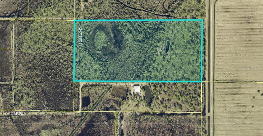 An aerial map view shows a rectangular plot of land outlined in blue — BEAL LANE, NORTH FORT MYERS, FL