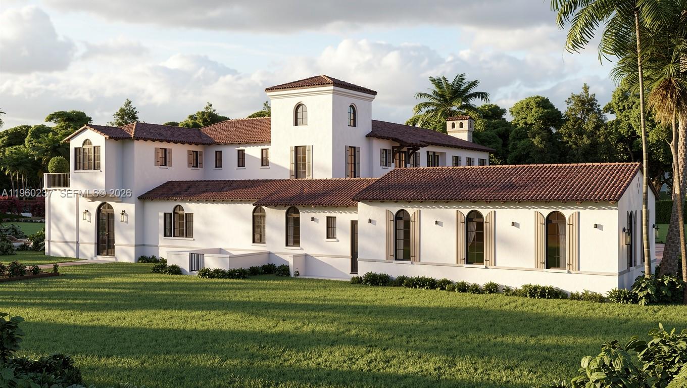 A digital rendering of a large, white Mediterranean-style house with a red tile roof — 18019 SW 100th st, Miami FL 33196, MIAMI, FL