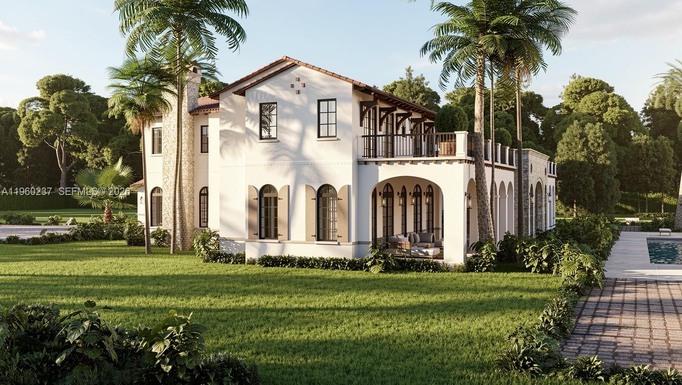 This is a rendering of a two-story Mediterranean-style house with a pool and palm trees — 18019 SW 100th st, Miami FL 33196, MIAMI, FL
