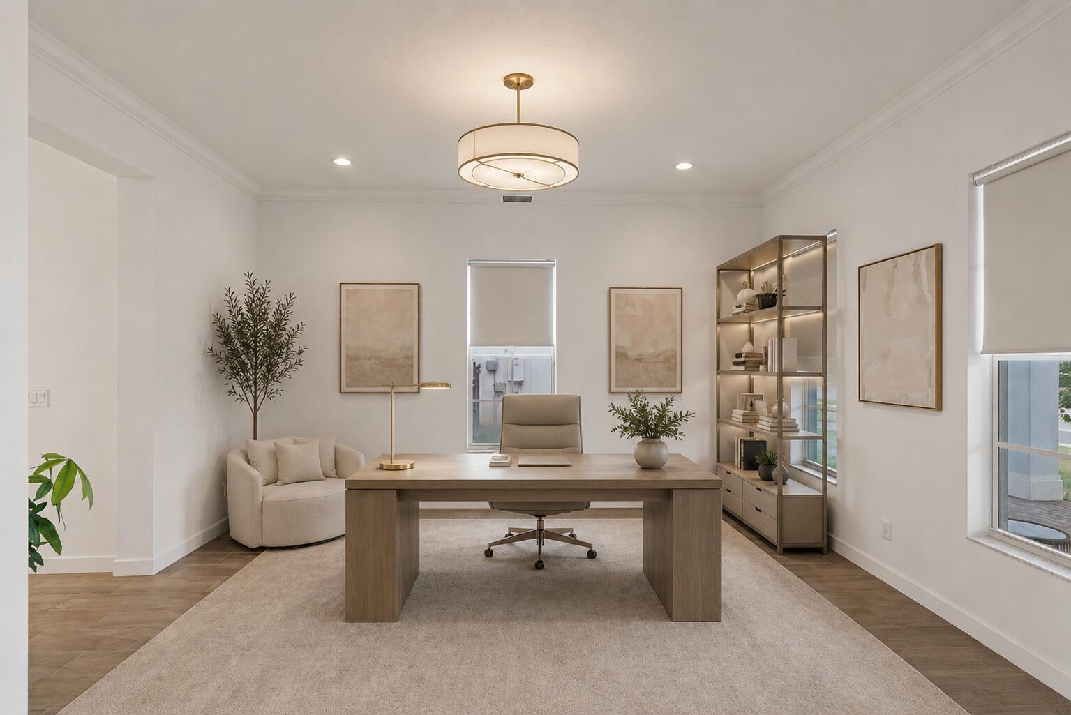 A home office features a wooden desk, a swivel chair, a bookshelf, and neutral decor — 660 Hookline Circle, Loxahatchee FL 33470, LOXAHATCHEE, FL